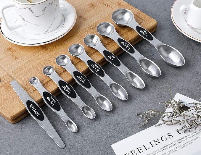 Magnetic Measuring Spoons Set Stainless Steel with Leveler, Stackable Metal Tablespoon Measure Spoon for Baking, Cups and Spoon Set Kitchen Gadgets Apartment Essentials