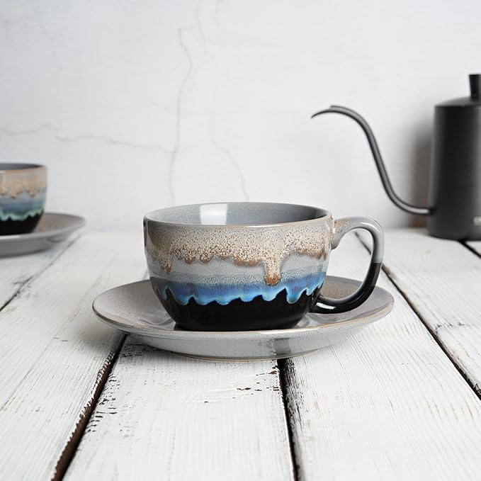 Bosmarlin Ceramic Cappuccino Cup and Saucer Set of 2, 10 Oz, Dishwasher and Microwave Safe, Coffee Cups for Latte, Espresso, Tea, Reavtive Glaze (Grey, 10 oz)