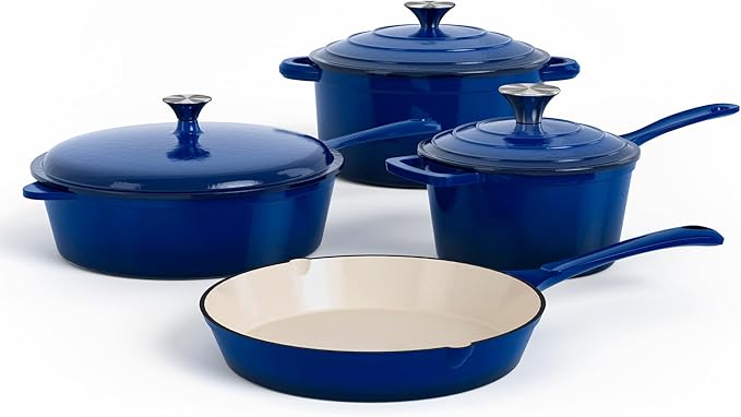 DishDelight Enameled Cast Iron Cookware Set, 7 Piece Set of Dutch Ovens, Sauce Pan, Skillet, 3 Lids, Ceramic Coated Cast Iron Dutch Oven Set, Round Dutch Oven Pot for Sourdough Bread Baking，Blue