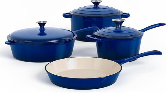DishDelight Enameled Cast Iron Cookware Set, 7 Piece Set of Dutch Ovens, Sauce Pan, Skillet, 3 Lids, Ceramic Coated Cast Iron Dutch Oven Set, Round Dutch Oven Pot for Sourdough Bread Baking，Blue