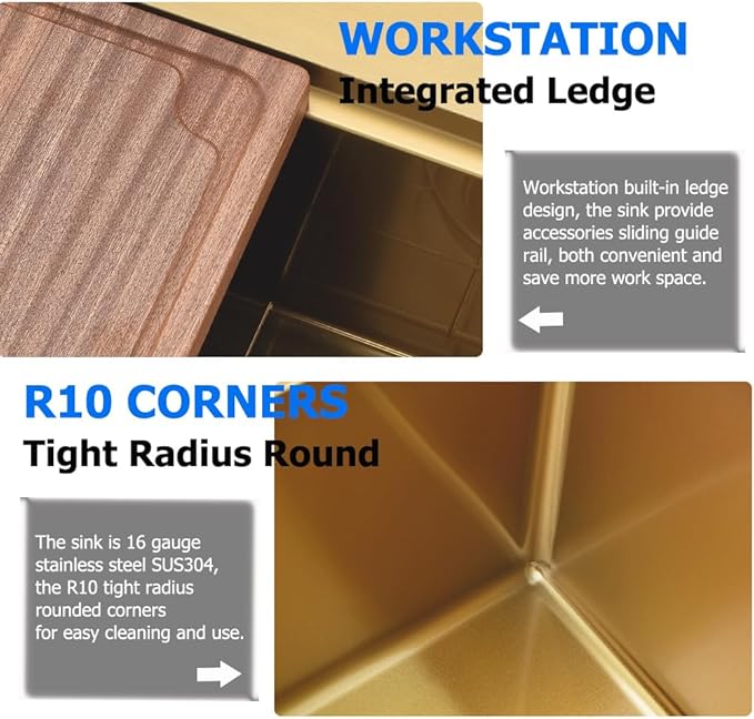 Gold Kitchen Sink, 33x19 Stainless Steel Drop in Kitchen Sink Workstation Single Bowl 16 Gauge Handmade Deep Basin