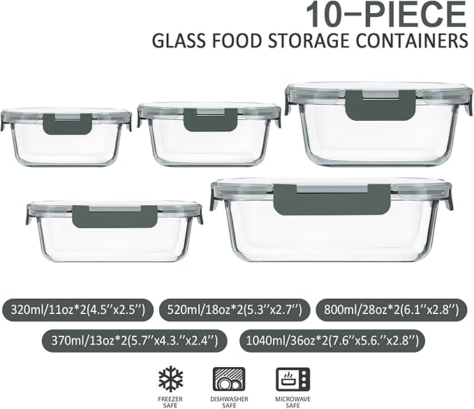 M MCIRCO 10-Pack Glass Food Storage Container with Lids, Airtight Lunch Bento Boxes, Glass Meal Prep Container,Microwave, Oven, Freezer and Dishwasher Friendly