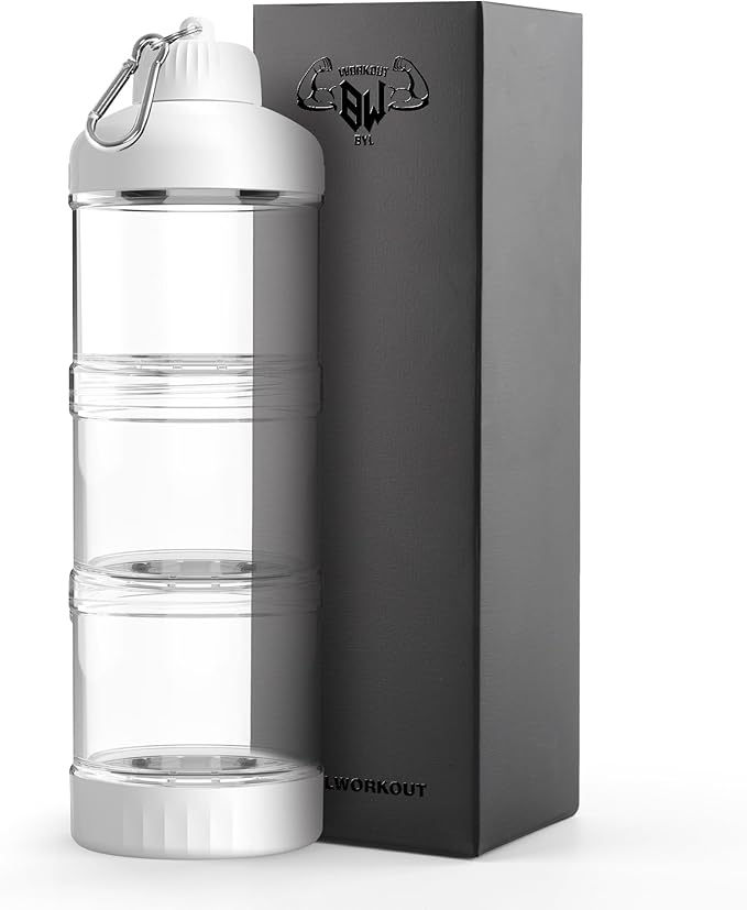 BYLWORKOUT 3 Layers Protein Travel Container with Funnel and Keychain | Cute Protein and Kitchen Storage Containers | Clear Plastic Kitchen Grade Box Organisers for Workout and Travel (White)