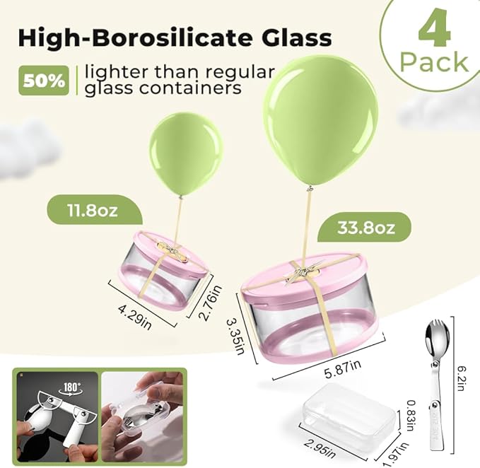 Glass Food Storage Containers with Airtight Lids, 33.8oz & 11.8oz High-Borosilicate Glass Meal Prep Containers with Spork, Bento Lunch Boxes for Salad, Ramen, Soup, Fruit - 4 Pack, Pink/White