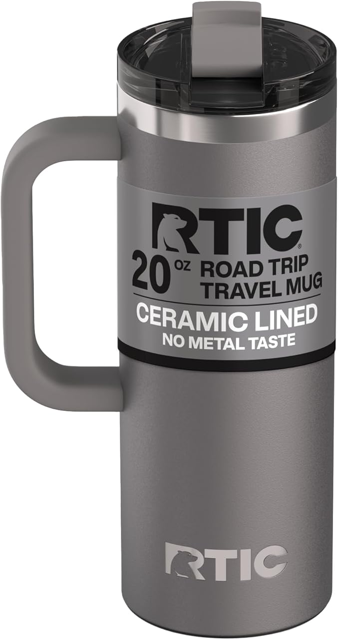 RTIC 20oz Road Trip Travel Mug with Lid and Handle, Ceramic Lined, Insulated, Stainless Steel, Metal, Double Wall Vacuum-Insulation, Portable Coffee, Tea Cup for Hot and Cold Drink, Graphite