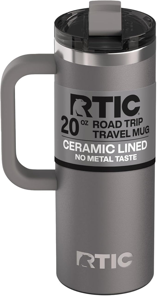 RTIC 20oz Road Trip Travel Mug with Lid and Handle, Ceramic Lined, Insulated, Stainless Steel, Metal, Double Wall Vacuum-Insulation, Portable Coffee, Tea Cup for Hot and Cold Drink, Graphite