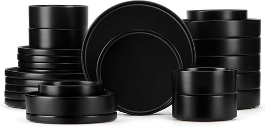 Herogo Dinnerware Sets with Pasta Bowls for 6, 24 Piece Dinner Salad Plates and Cereal Serving Bowls, Stoneware Dishes Dinner Ware for Home Kitchen, Dishwasher & Microwave Safe, Matte Black