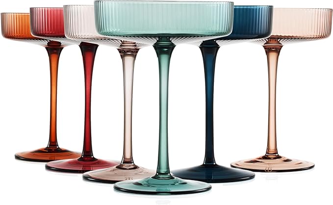 Colored Vintage Art Deco Coupe Glasses - Martini, Cocktail & Champagne Ribbed Glasses 7oz | Set of 6 | Cute Pastel Muted Crystal Cocktail Glassware, Goblet Cocktails, Stemmed Ripple Glassware Gift Box