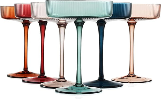 Colored Vintage Art Deco Coupe Glasses - Martini, Cocktail & Champagne Ribbed Glasses 7oz | Set of 6 | Cute Pastel Muted Crystal Cocktail Glassware, Goblet Cocktails, Stemmed Ripple Glassware Gift Box