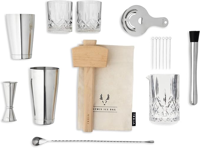Viski Bartender Kit and Barware Set Includes Boston Cocktail Shakers, Mixing Glass, Jigger, Muddler, Strainer, Bar Spoon, Whiskey Glasses, Ice Bag, Mallet, and Cocktail Picks, Home Bar Gifts, 17-Piece