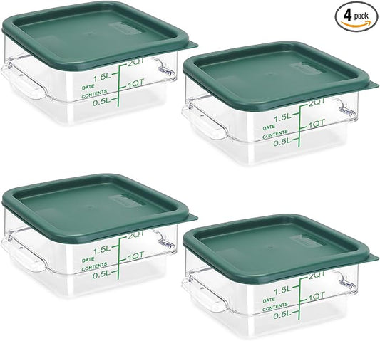 4 Pack Food Storage Containers with Green Lids, 2.0 Qt - Square, Clear, Polycarbonate