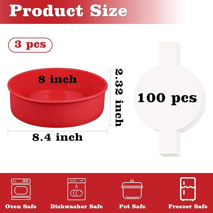 HUAKENER 8 Inch Round Cake Pan, 3 Pack Silicone Cake Molds with 100 Pieces Parchment Paper, Nonstick Cake Molds for Birthday Cakes, Layer Cakes, Cheese Caks, Chocolate Cakes