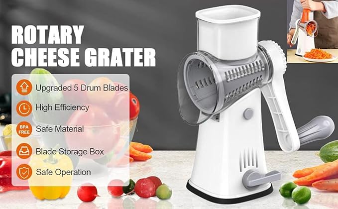 Rotary Cheese Grater Chopper Vegetable Cutter Slicer with Stainless Steel Drum Blades for kitchen, 5 in 1 Manual Round Mandoline Julienne Shredder Potato Grinder for Fruit, Nuts,Onion White
