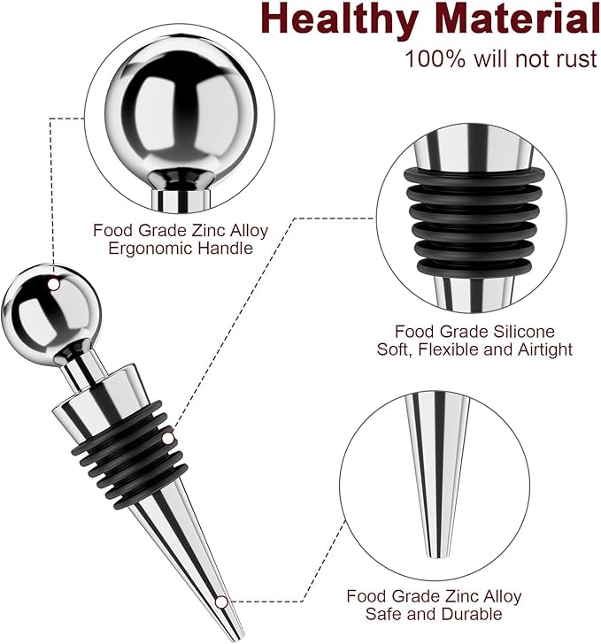 Wine Stoppers for Wine Bottles 6Pcs Vacuum Wine Bottle Stopper with Silicone Reusable Wine Corks, Leak proof Keep Fresh Suitable for Standard (Silver, 6 Pack)