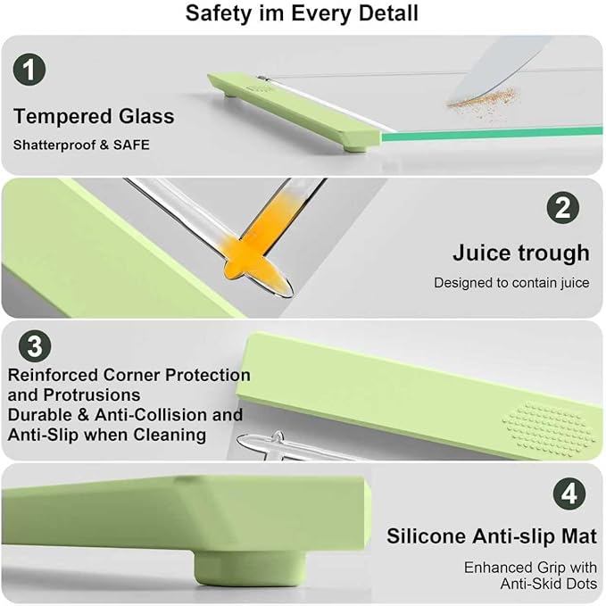 Tempered Glass Cutting Board Set for Kitchen Counter - Dishwasher Safe with Juice Grooves, Non-Slip Silicone Edges & Beveled Grip - 16"x12" & 12"x8" Serving Tray (Green)