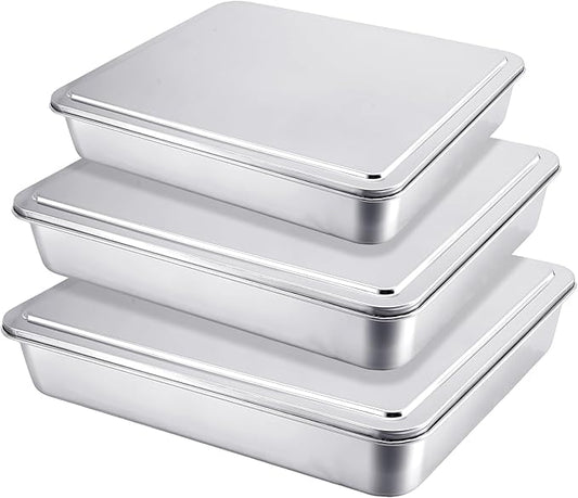 Tioncy 3 Sets Stainless Steel Cake Pan with Lid 17/13/11 Inch Rectangle Sheet Baking Pan with Covers Bakeware with Lids for Cakes Breads Casseroles Fish Vegetables and More