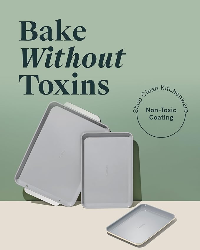 Caraway Non-Stick Ceramic Baking Sheet Trio - Naturally Slick Ceramic Coating - Non-Toxic, PTFE & PFOA Free - 18 x 13" Large, 15 x 10" Medium, & 9" x 13" Small - Marigold