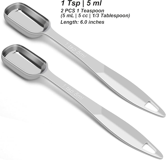 2 Pcs 1 Teaspoon(5 mL | 1 Tsp | 1/3 Tbsp | 5 cc | 1/6 oz) Stainless Steel Single Measuring Spoon, Long Handle Metal Measuring Spoon, Kitchen Gadgets for Cooking & Baking