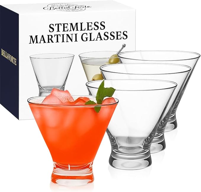BELLAFORTE Stemless Plastic Martini Glasses Set of 4, 10oz Unbreakable Tritan Cocktail Glasses, Dishwasher Safe Dessert Cups, Crystal Clear Reusable Cocktail Glassware for Indoor & Outdoor Use