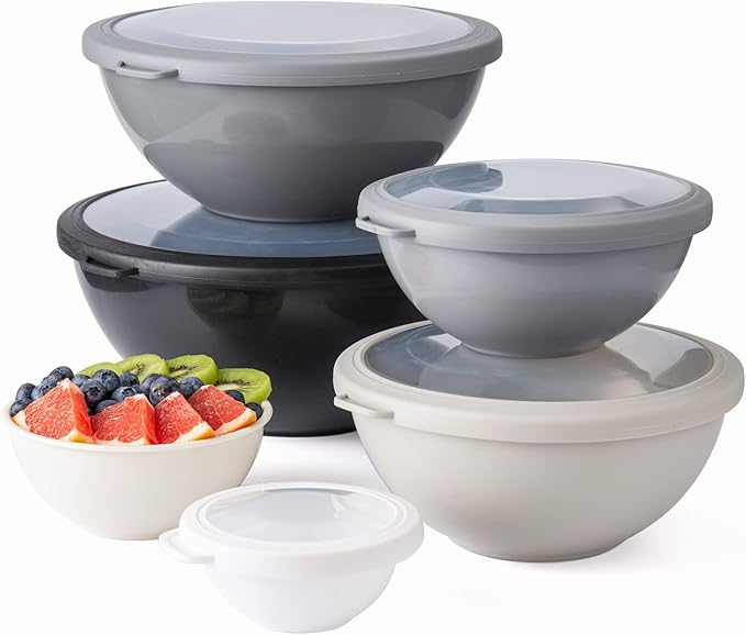 COOK WITH COLOR Mixing Bowls with TPR Lids - 12 Piece Plastic Nesting Set includes 6 Prep and Lids, Microwave Safe Bowl (Black Ombre)