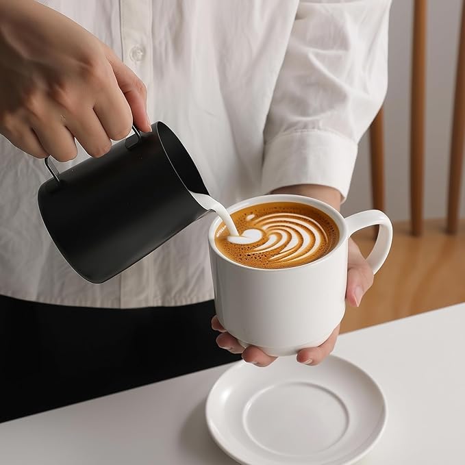 DOWAN 12oz Coffee Mugs, Cappuccino Cup and Saucer Set of 4, White Ceramic Coffee Cups for Latte/Tea/Milk, Tea Cups for Use in Office, Home and Cafes, Microwave Safe