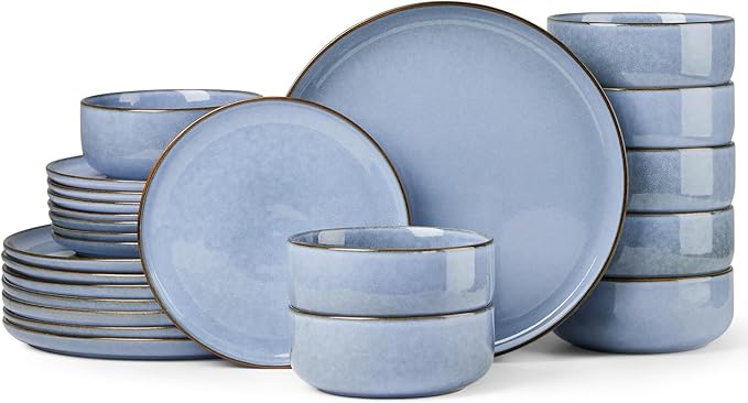 Herogo 24-Piece Stoneware Dinnerware Set for 8, Stackable Dinner Plates and Bowls Sets, Double Reactive Glaze Dishware Place Setting for Kitchen, Scratch Resistant, Microwave Safe, Haze Blue