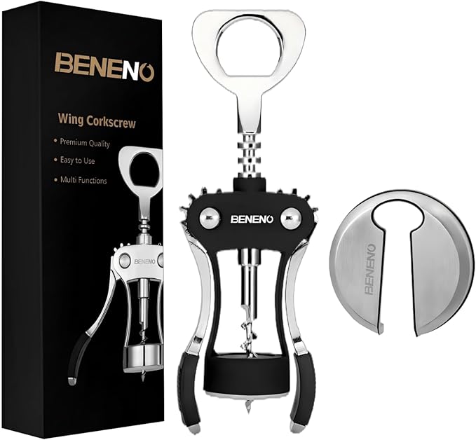Beneno Wine Opener with Stainless Steel Wine Foil Cutter - Bottle Top Seal Cutter, Zinc Alloy Premium Wing Corkscrew with Multifunctional Bottles Opener, Upgrade Black Set