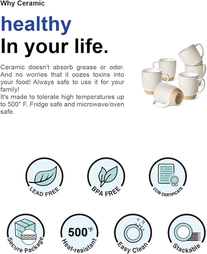 LE TAUCI Coffee Mugs 16 oz,Ceramic Mug Set, Embossment Cups for Latte, Hot Tea, Cappuccino, Mocha, Cocoa,Suit For Housewarming Wedding- 3.8 inch, Set of 6, Arctic White