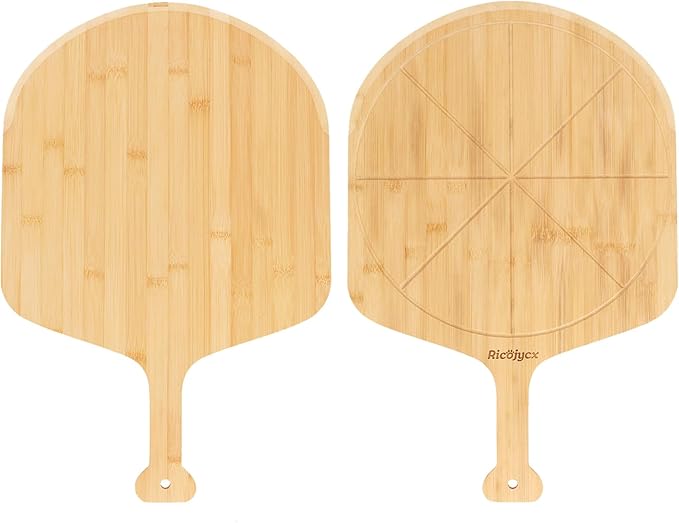 14 inch Natural Bamboo Pizza Peel Set of 2, Double-Sided Use Pizza Cutting Board with 8 Slice Grooves for Pizza, Bread, Cheese, Vegetable, Fruits