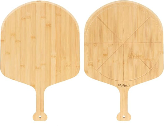14 inch Natural Bamboo Pizza Peel Set of 2, Double-Sided Use Pizza Cutting Board with 8 Slice Grooves for Pizza, Bread, Cheese, Vegetable, Fruits