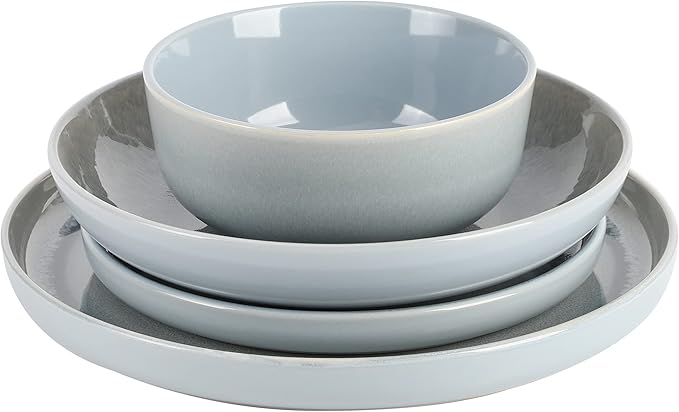 Gibson Elite Juno Moon 16-Piece Reactive Blue Double Bowl Dinnerware Set – Durable Stoneware Plates and Bowls