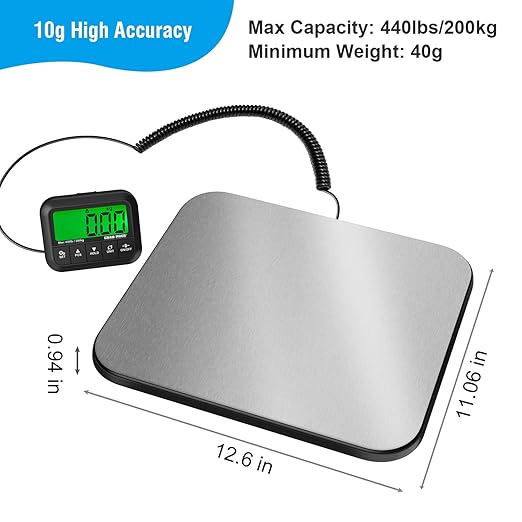 Shipping Scale, 440 lbs/10g Highly Accurate Postal Scale with Hold/Tare/Pcs, Digital Postage Scale with LCD Display for Packages/Luggage/Post Office/Dog, Battery & USB Cable Included