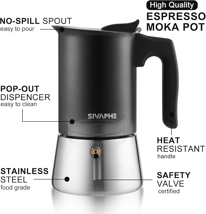 Sivaphe Stainless Steel Stovetop Espresso Brewer 6 Cup Induction Mocha Pot Cuban Coffee Maker Italian 10 fl.oz máquina de café expreso