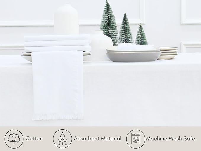 PurpleEssences Cloth Napkins with Fringes, 100% Cotton Christmas Holiday Winter Table Decor, Set of 6 18x18 Inch Reusable Dinner Napkins for Parties and Weddings - White
