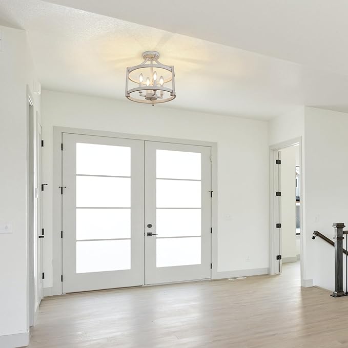 4-Light Farmhouse Chandelier, Distressed Hanging Pendant Lighting, Convertible Semi Flush Mount Ceiling Light Fixture Vintage White Metal Chandeliers for Dining Room Kitchen Foyer Entryway