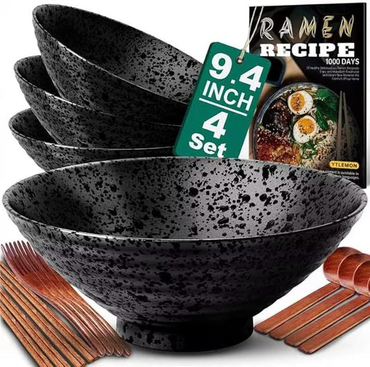 9.4Inch Ceramic Ramen Bowl Set of 4 (17 Piece) - Porcelain Japanese Salad Noodles Cereal Fruit Pasta Soup Large Bowls with Recipes Chopsticks Forks Spoons for Men Women Gift Microwave Dishwasher Safe