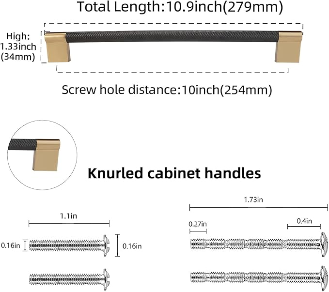 6 Pack 10 Inch Black and Champagne Copper Cabinet Handles - Knurled Pulls for Kitchen Drawers and Cabinets - Hardware