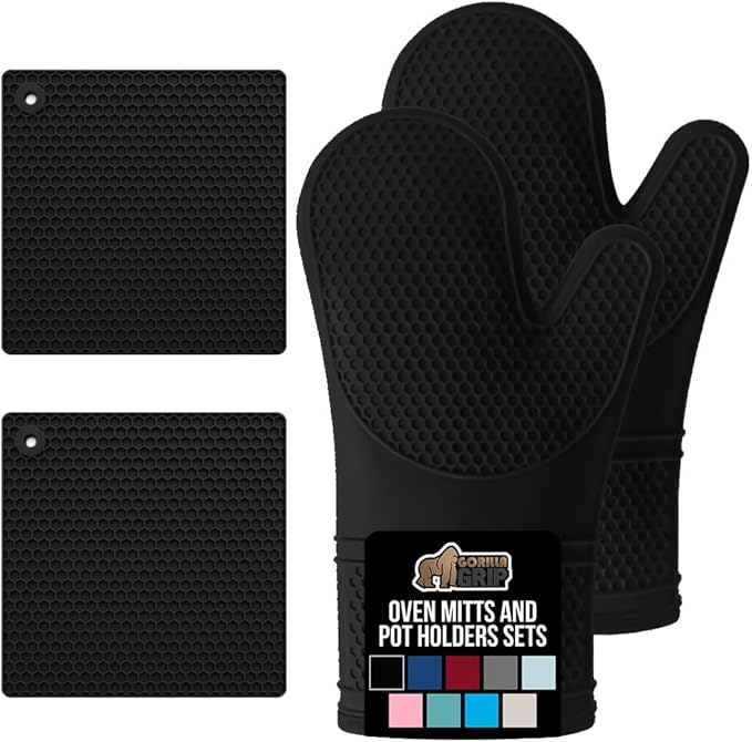 GORILLA GRIP BPA-Free Soft Silicone Oven Mitts and Pot Holders Sets of 4, Heat Resistant Waterproof Cooking Gloves, Thick Cotton Lining, Flexible Gripping for Baking Grilling, Kitchen Trivets, Black