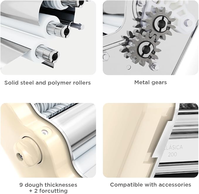 PASTALINDA Classic 200 Pasta Maker Machine, 20 cm Wide Rollers, 9 Thickness Positions, 2 Cutting Positions, Stainless Steel. Includes Reinforced Hand Crank And Two Clamps