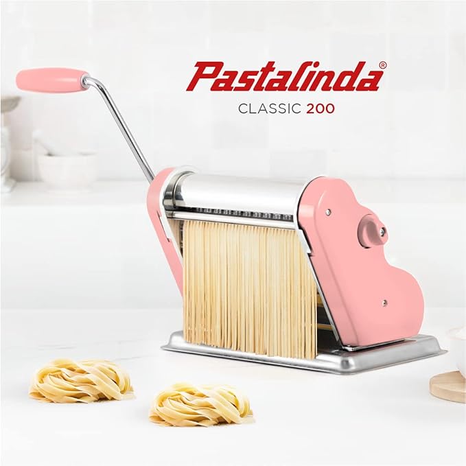 PASTALINDA Classic 200 Pasta Maker Machine, 20 cm Wide Rollers, 9 Thickness Positions, 2 Cutting Positions, Stainless Steel. Includes Reinforced Hand Crank And Two Clamps