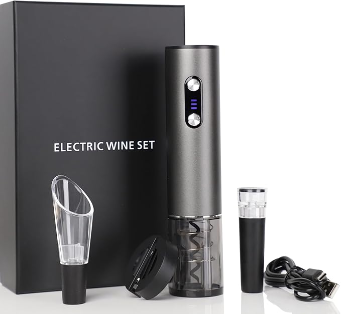 Electric Wine Opener Wine Gifts Bottle Openers Kit with Foil Cutter, Wine Aerator Pourer, Vacuum Stopper USB C Rechargeable Cordless Electric Wine Corkscrew Gift Set