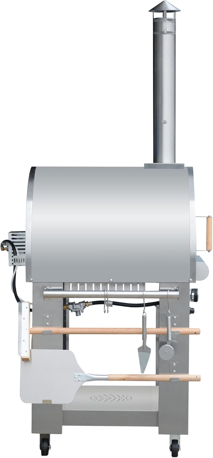 32.5 inch Propane Gas and Wood Fired Pizza Oven with Open Shelf and Wheels, Large Outdoor Oven for BBQ, Grilling, Stainless Steel Pizza Oven for Outdoor, Backyard and Party (Silver without Cover)
