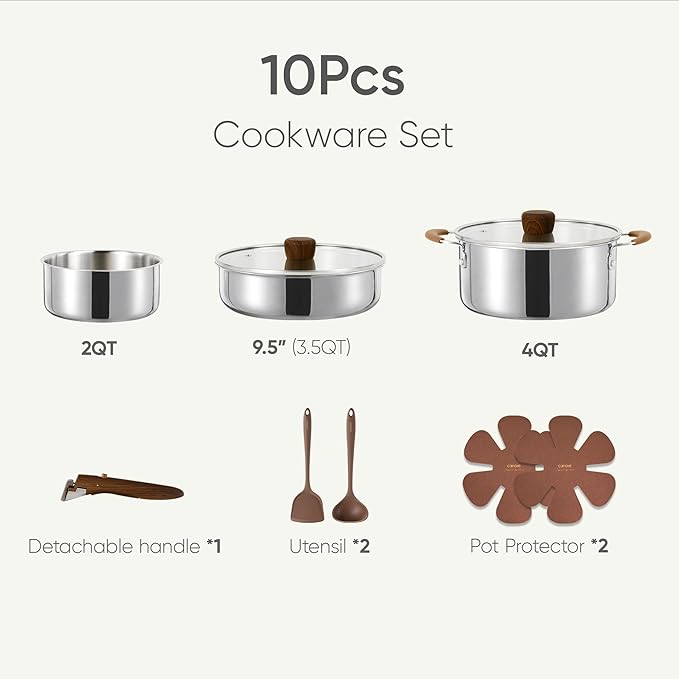CAROTE 10pcs Stainless Steel Cookware Set with Detachable Handle, Pots and Pans Set, Induction Kitchen Cooking Sets, RV/Camping Cookware, Removable Handle, Oven Safe, Woodgrain