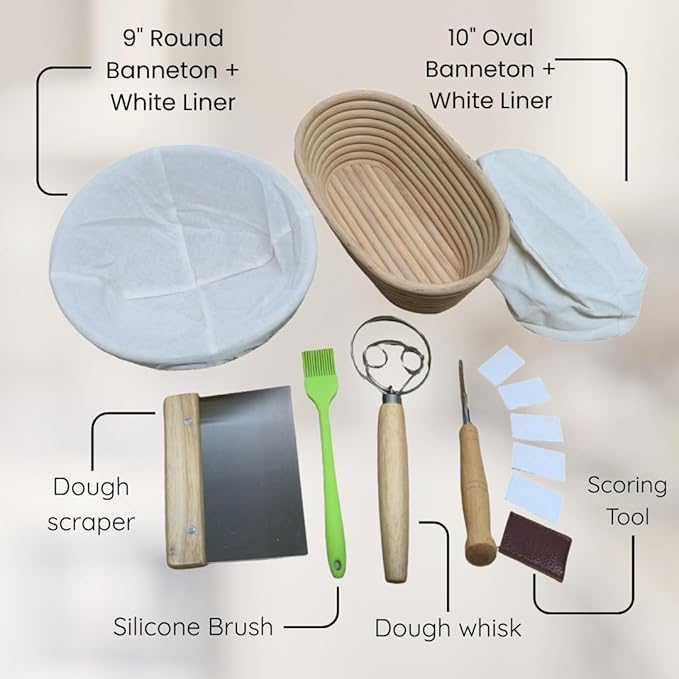 Sourdough Bread Baking Kit – 2 Banneton Proofing Baskets With Liners (9” Round & 10” Oval), Dough Whisk, Bread Lame With 5 Blades, Dough Scraper, Silicone Brush