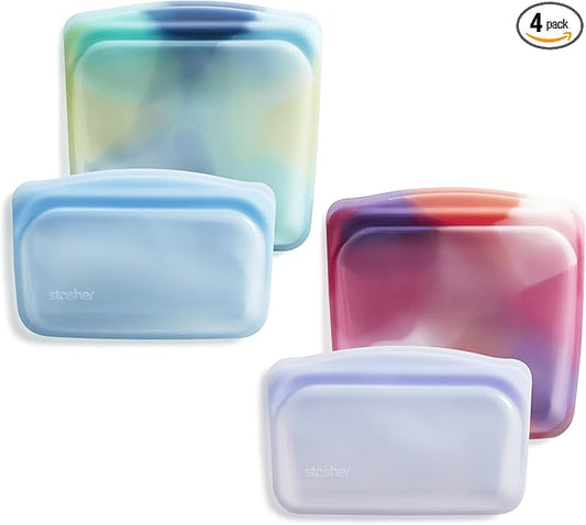 Stasher Premium Silicone Reusable Food Storage Bags, 4-Pack, Tie Dye Multi, Multi-Use Food Storage Bags, Lunch Bag, Travel Containers, BPA Free, Leak-free, Dishwasher-Safe, Eco-friendly