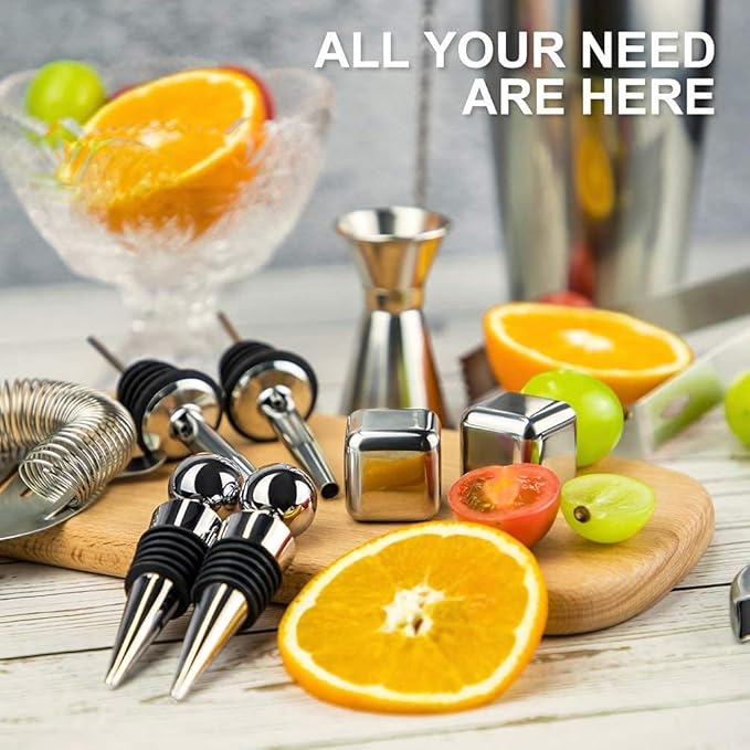 Stainless Steel Cocktail Shaker Set, 24oz/750ml Bartender Kit Includes Strainer and Stir Stick for Home, Bar, Party, Bar Accessories for The Home Bar Set (25oz-17pcs)