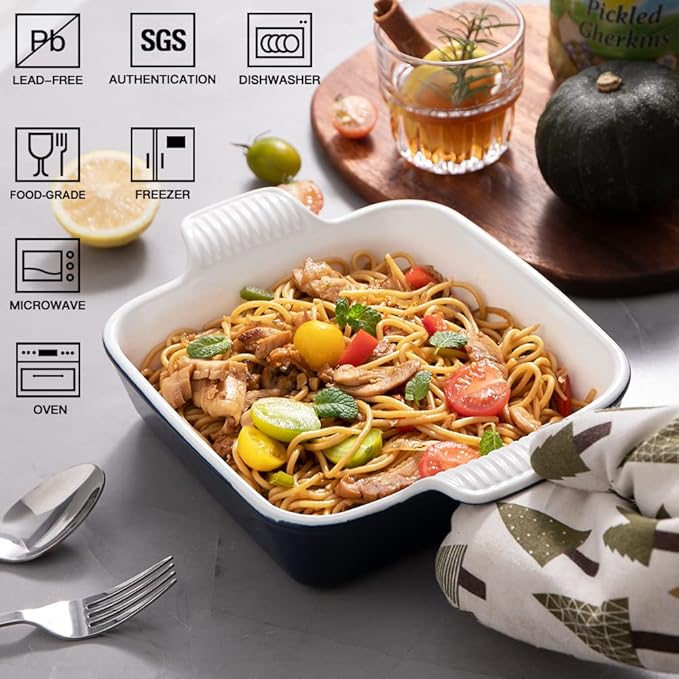 Sweejar Ceramic Baking Dish, 9 x 9 Cake Baking Pan for Brownie, Porcelain Square Bakeware with Double Handle for Casserole, Lasagna, Family Dinner (Navy)