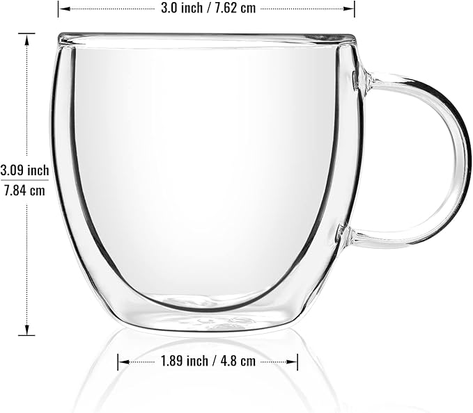 Double Wall Glass Espresso Cups 5oz/150ml, A set of 2, Thermo Insulated Borosilicate Glass Cups with Handle