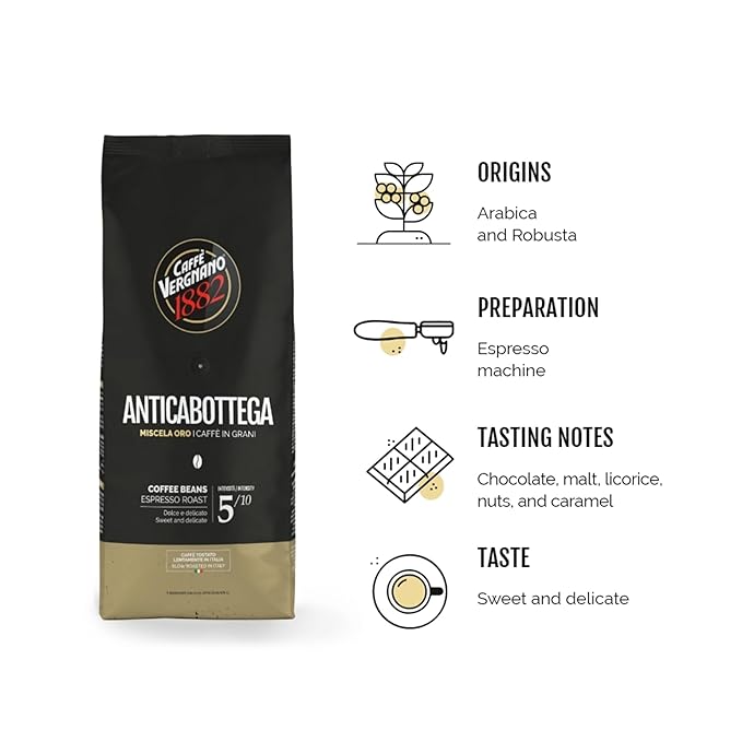Caffe Vergnano 1882 Antica Bottega Whole Bean Arabica Medium Roast Espresso, 1.1 lbs Bag - Italian Coffee Beans with notes of Chocolate, Nuts & Caramel, Intensity 5/10-500g Bag (6 Pack)