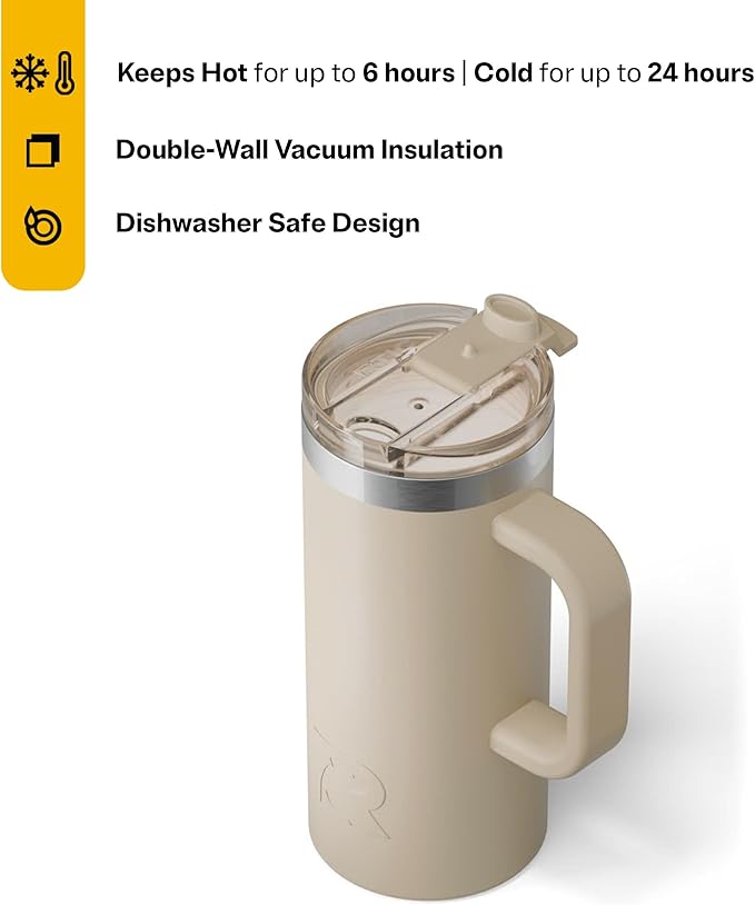 RTIC 16oz Road Trip Travel Mug with Lid and Handle, Ceramic Lined, Insulated, Stainless Steel, Metal, Double Wall Vacuum-Insulation, Portable Coffee, Tea Cup for Hot and Cold Drink, Beach